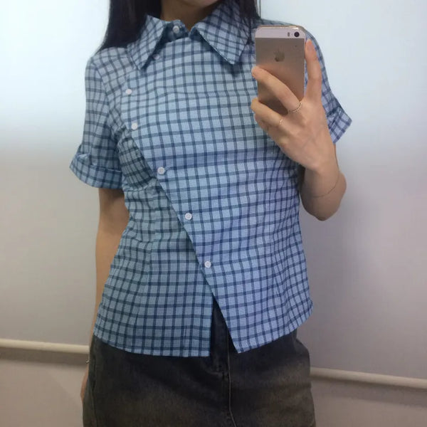 Blue Check Heart Button Short Sleeve Shirt / Vintage Y2K Button-up Shirt Summer Shirt Check Shirt Geek Chic Pinterest Look