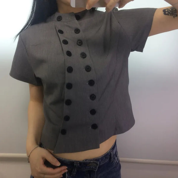 Double Button Mandarin Collar Short Sleeve Blouse / Y2K Vintage Collarless Semi-Crop Daily Wedding Guest Look Pinterest Look Geek Chic Diagonal Buttons