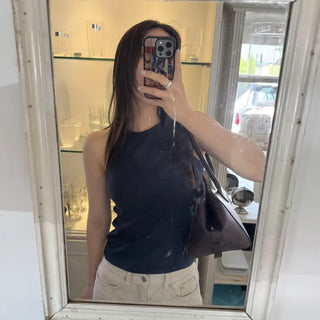 Simple Ribbed Sleeveless Top  Round Neck Inner Sleeveless Top