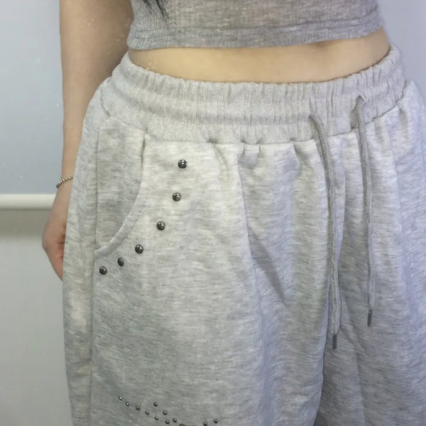Silver Light Studded Oversized Training Pants  / Sweatpants Tracksuit Pants String Elastic Waist Pants Pants Daily Basic Low-rise Training Suit Sweatpants