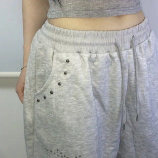 Silver Light Studded Oversized Training Pants  / Sweatpants Tracksuit Pants String Elastic Waist Pants Pants Daily Basic Low-rise Training Suit Sweatpants