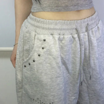 Silver Light Studded Oversized Training Pants  / Sweatpants Tracksuit Pants String Elastic Waist Pants Pants Daily Basic Low-rise Training Suit Sweatpants