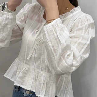 Frill Shirred Button-Down Loose Fit Long Sleeve Blouse