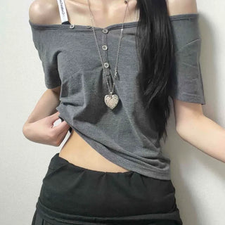 Off-shoulder Button Loose Fit Plain Short Sleeve T-shirt