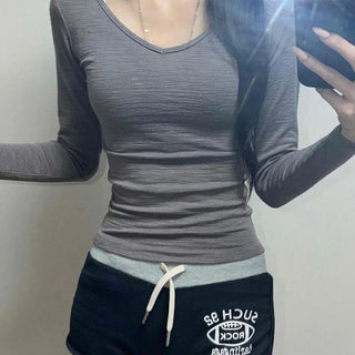 Shirred Slim Fit Plain Daily Long Sleeve T-shirt