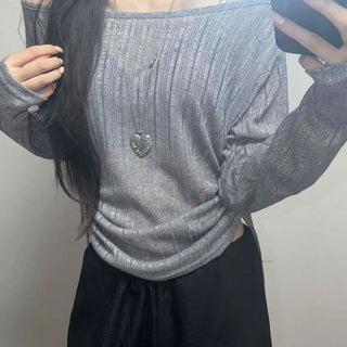 Off-shoulder Loose Fit Plain Daily Long-sleeve T-shirt