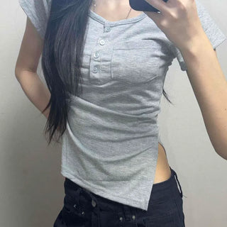 Henley Neck Button Slim Fit Plain Daily Short Sleeve T-shirt