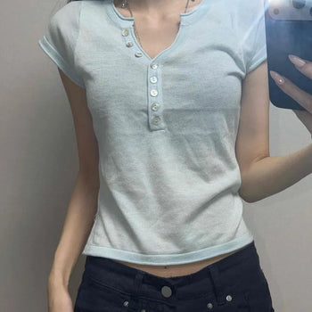 Luke Mother-of-Pearl Button V-Cut Short Sleeve T-Shirt