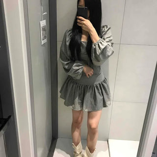 Shirred Frill Check Flare Long Sleeve Two-Piece Set