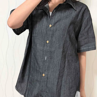 Washed Plain Button-Down Boxy Fit Short Sleeve Shirt