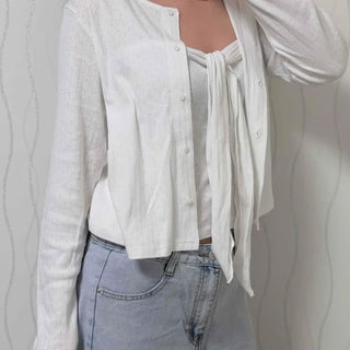 Button Ribbon Plain Button-Down Regular Fit Long Sleeve Two-Piece Set