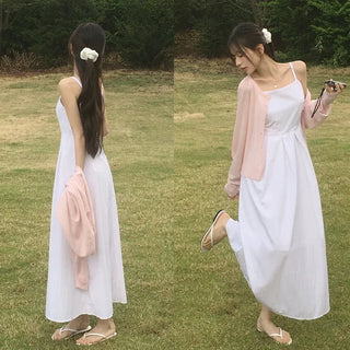 Pure Backstrap Sleeveless Pleated Long Dress