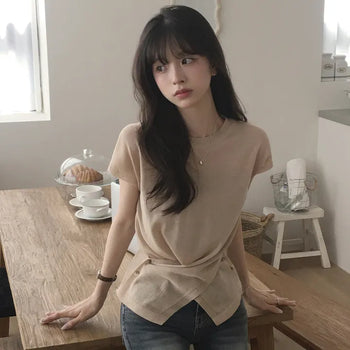 Feminine Mood, Twisted Wrap Waist Cinched Side Button See-through Slim Delicate Fit Summer Short Sleeve Knit