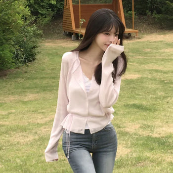 Daily Ribbed U-Neck Tie Set Delicate Fit Summer Long Sleeve Cardigan, Style with Choker & Strap to Your Preference