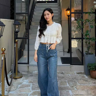 Washed Flap Pocket Wide Loose Fit Daily Long Pants
