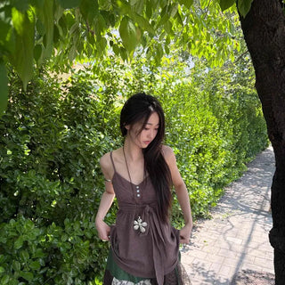 Shirred Ribbon Button Wrap A-Line Strap Sleeveless