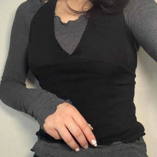 Frill Ribbon Layered Slim Fit Long Sleeve Two-Piece Set
