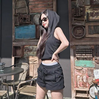 Hood Button Drawstring Loose Fit Plain Sleeveless Training Set