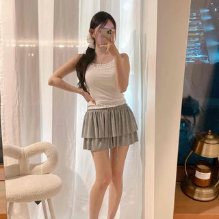Shirred Frill Layered Strap Flare Mini Skirt
