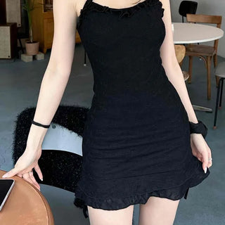 Strap Frill Shirred Slim Fit A-Line Sleeveless Mini Dress