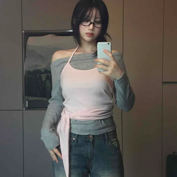 Slim Fit Plain Ribbon Layered Long Sleeve T-shirt