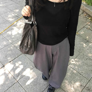 Loose-fit Striped Flap Pocket Button Wide Slacks
