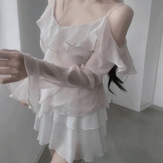 Blanc Shirred Off-Shoulder Blouse / Mini Chiffon Dress Delicate Fit Loose Fit Spring Clothes