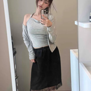 Ribbon Slit Backless Plain Slim Fit Long Sleeve T-shirt