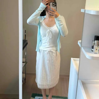 Button Plain Regular Fit Long Sleeve Daily Cardigan Sleeveless Set