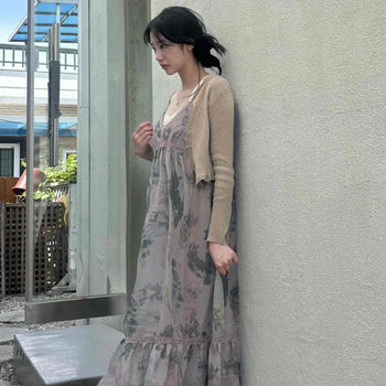 Strap Frill Shirred Tiered A-Line Sleeveless Long Dress