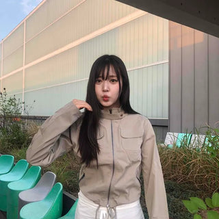 Flap Pocket String Full-Zip Loose Fit Plain Long Sleeve Jacket