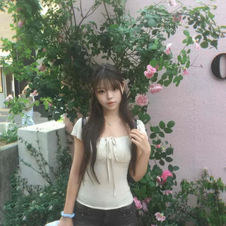 Fitted Plain Shirred Ribbon String Short Sleeve T-shirt