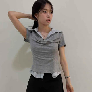 Button Plain Layered Slim Fit Short Sleeve T-shirt