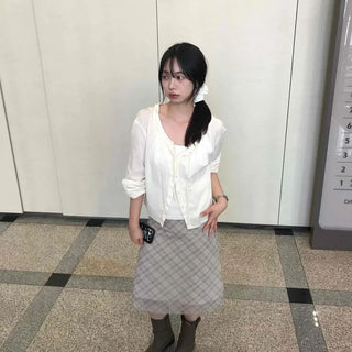 Shirred Check A-Line Regular Fit Daily Midi Skirt