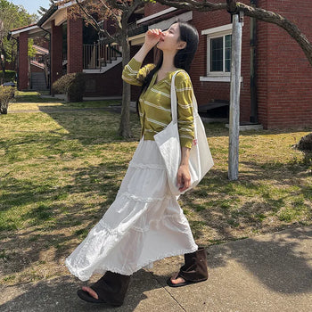 Creamy Ruffle Tiered Long Skirt
