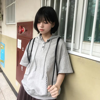 Tien check hoodie short sleeves