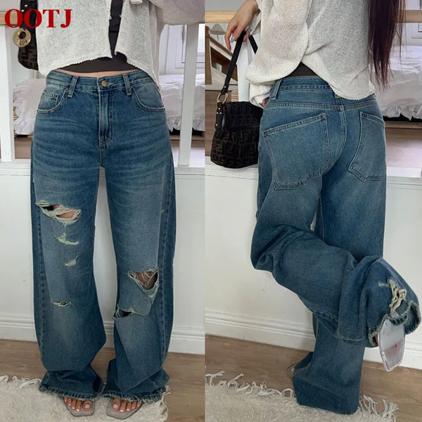 Lidia Curved Damaged Denim Wide Pants