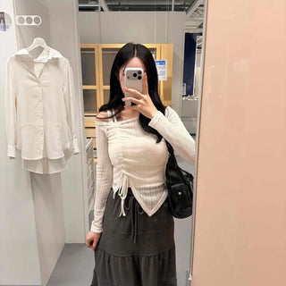 Shirred Ribbon One-Shoulder Slim Fit Long Sleeve