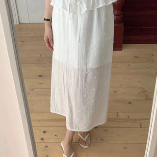 Sheer Lace Dot Satin Long Skirt