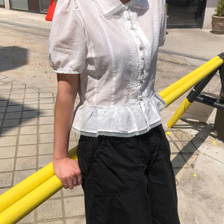 Drawing Women's Collar Lace Loose Fit Pintuck Summer Short Sleeve Blouse