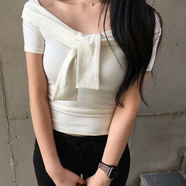 Chiffon Off-Shoulder Short-Sleeve T-Shirt