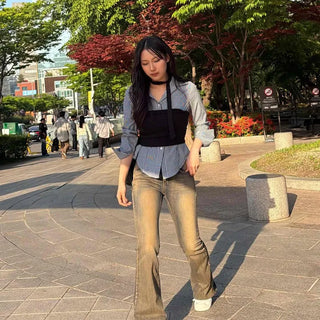 Washed Flap Pocket Button Bootcut Low-Rise Long Pants