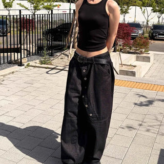 Loose Fit Button Barrel Wide Daily Long Pants