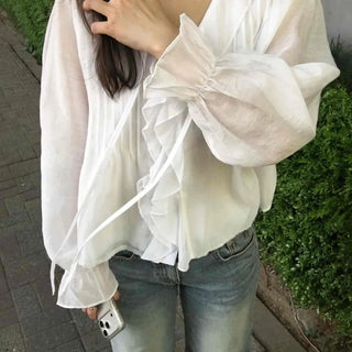 Frill Shirring Pintuck Button Loose Fit Long Sleeve Blouse