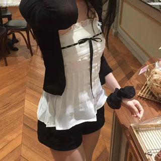 Shirred Ribbon Frill Strap A-Line Sleeveless