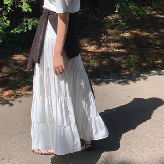 Lemme Pintuck Tiered Flare Elastic Long Skirt