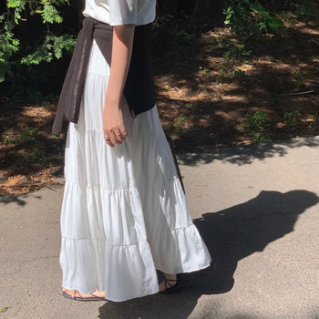 Lemme Pintuck Tiered Flare Elastic Long Skirt