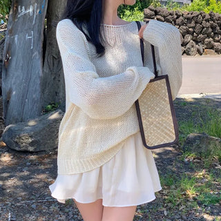 Unplan Loose Fit Boat Neck See-through Mesh Knit