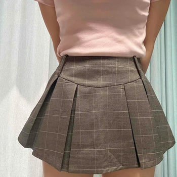 Pintuck Zipper Check Flare Daily Mini Skirt