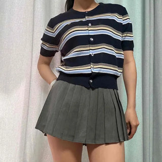Regular Fit Striped Button-Down Short Sleeve Cardigan